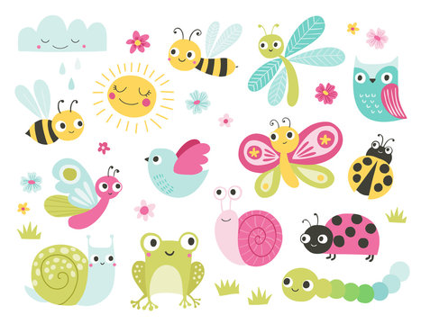 Cute bugs and animals character set. Funny cartoon insects, butterfly, bee, frog, owl, snail, ladybug. Garden, pond, meadow creatures. Spring and summer vector illustration for kids.