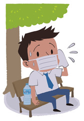 イラスト素材：木陰で休憩するマスクをつけたビジネスマンと太陽　熱中症