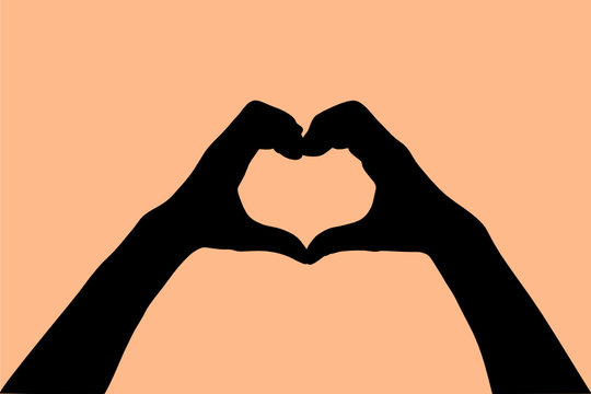 Silhouette of hands are act like heart shape on the orange background. valentine, encouragement, love, donate, holiday, care concept. Illustration vector.