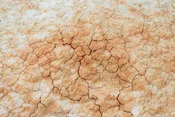 Nature background of cracked dry lands. Natural texture of soil with cracks. Broken clay surface of barren dryland wasteland close-up. Full frame to terrain with arid climate. Lifeless desert on earth