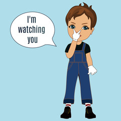 emoticon expressing watching you gesture with fingers pointing to eyes, funny cartoon character with facial expression, hand drawn boy emoji