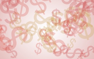 Multicolored translucent dollar signs on white background. Red tones. 3D illustration