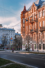 Saint Petersburg street, beautiful facades of historical buildings on Vasilievsky island