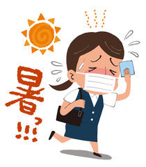 イラスト素材: マスクをつけたキャリアウーマン　熱中症
