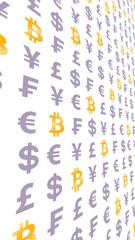 Bitcoin and currency on a white background. Digital crypto currency symbol. Wave effect, currency market fluctuations. Business concept. 3D illustration