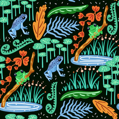 Seamless pattern with frog. Forest pattern vector background