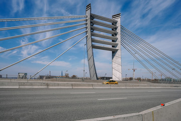 Obraz premium Architectural Design On A Bridge. Close detail of modern architectural design of a bridge on the blue sky, Saint Petersburg Betancourt bridge