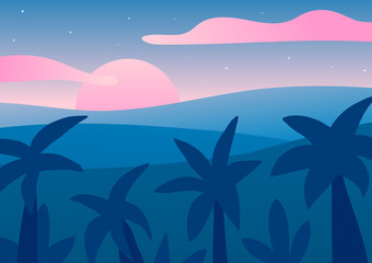 Fototapeta na wymiar Tropical sunrise with pastel pink, blue. Cloudy cold palette morning with palms, jungle. Vector 2d landscape illustration for game design, application, background. Editable, EPS 10.