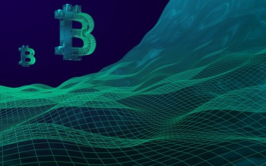 Naklejka premium Digital currency symbol Bitcoin on abstract dark background. Drop of the crypto currency market. Business, finance and technology concept. 3D illustration