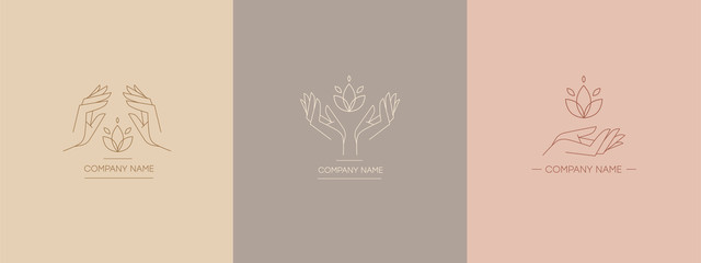 Delicate and natural logos with the image of hands. Vector illustration for female business. Handwork or hand care. Logo for a beauty salon or massage.