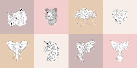 Gentle linear logos of origami animals elephant, unicorn, whale, bear, heart, cloud. Set of geometric illustrations in origami style. The image consists of triangles and rhombuses. © Анастасия Усатова