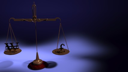 Korean Won and British Pound Symbols on the scales on the bowls of balance weights on a blue background. 3d - rendering