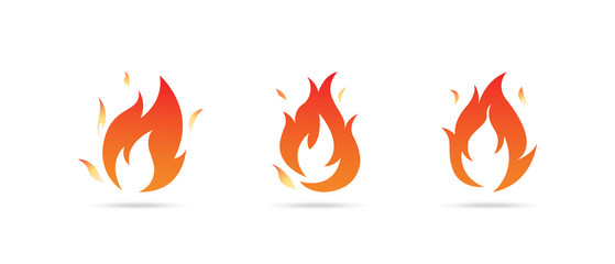 Fire flames with shadow on white background, vector illustration, isolated.