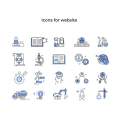 
Set of vector images related to science and technology. Icons for the site of the educational institution. Stylized images of graduates, students, books of graduates, cars.
