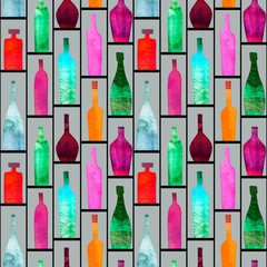 Image of Seamless pattern with stylized silhouettes of colored bottles of alcohol. Watercolor. printed on Printed Glass Splashbacks