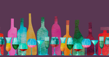 Seamless ribbon border with stylized silhouettes of colored bottles of alcohol and glasses. Watercolor.