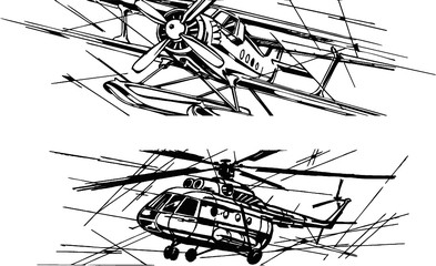 black vector sketch airplane and helicopter