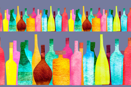 Seamless ribbon border with stylized silhouettes of colored bottles of alcohol. Watercolor.