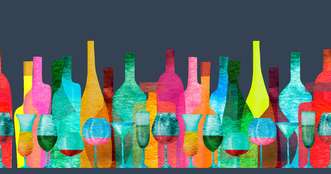 Seamless ribbon border with stylized silhouettes of colored bottles of alcohol and glasses. Watercolor.