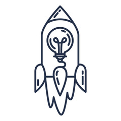 Startup Idea Icon, Flying Rocket with Light Bulb