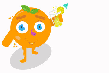 Cartoon of an orange holding a glass with a soft drink, summer, concepts, illustration