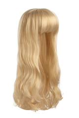 Naklejka premium Subject shot of a natural looking golden blonde wig with bangs and wavy strands. The long wig is isolated on the white background.