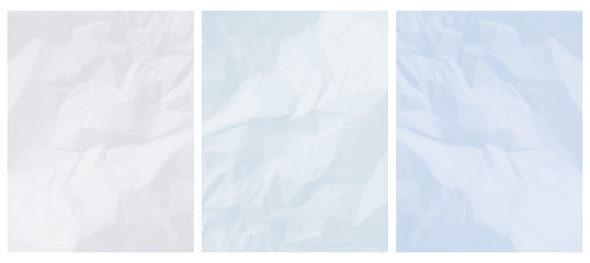 3 Abstract Textured Vector Layouts. Pastel Color Crumpled Paper Layers. Light Blue, Ice Blue and Light Gray Backgrounds. Simple Creative Creased Paper Design. No Text.