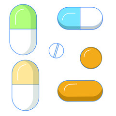 Set of different isolated, colorful pills, 