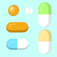 Set of different isolated, colorful pills, 