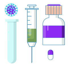 Set of medicine bottles with labels and pills. drugs, tablets,capsules vitamins.syringe, thermometer, vector illustration in flat style.