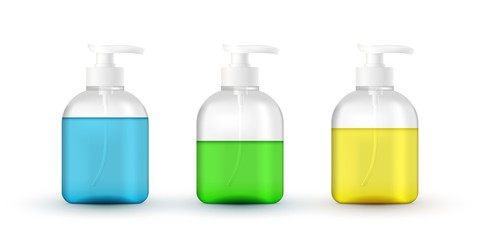 set of liquid cosmetics tube with pump. Coronavirus hand protection, hand sanitizer 3d realistic container, hand wash gel. alcohol hand wash gel with pump dispenser.