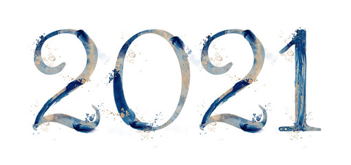 Year 2021 blue number design with gold decor watercolor new year
