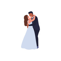 Happy groom and bride couple on wedding day. Lovers hug and kiss, isolated on white background. People celebrating marriage. Cute characters in wedding dresses. Trendy flat vector illustration