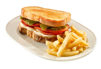 sándwich de queso y tomate con patatas fritas sobre fondo blanco. cheese and tomato sandwich with french fries on white background.
