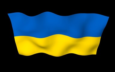 The flag of Ukraine on a dark background. National flag and state ensign. Blue and yellow bicolour. 3D illustration waving flag