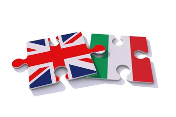 United Kingdom and Italy flag puzzle pieces. 3D rendering