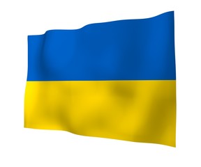 The flag of Ukraine on a white background. National flag and state ensign. Blue and yellow bicolour. 3D illustration waving flag