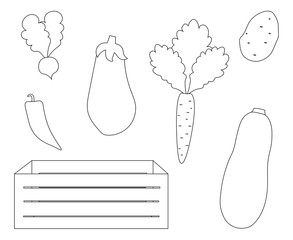 Food packaging boxes vector illustration. Grocery stores, food delivery vegetables Vector black and white coloring.