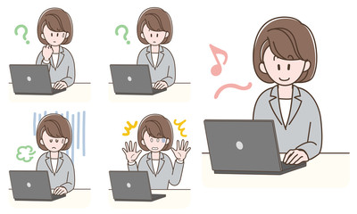 ノートパソコンで仕事をするスーツの女性_セット