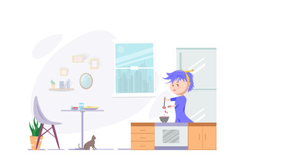 girl cooking in the kitchen room with pet, learning and development at home, people leisure activities skill in quarantine, cartoon character flat design vector illustration