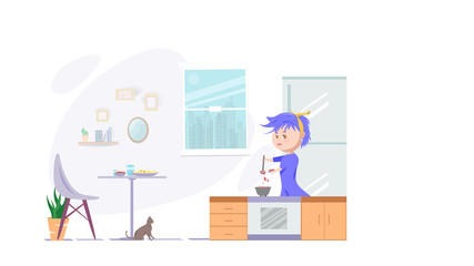 Fototapeta premium girl cooking in the kitchen room with pet, learning and development at home, people leisure activities skill in quarantine, cartoon character flat design vector illustration