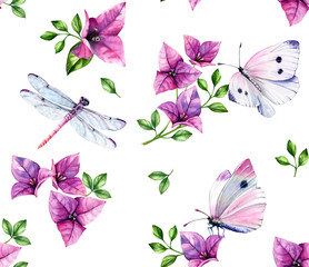 Watercolor floral seamless pattern. Pink bougainvillea tree flowers, butterflies, dragonflies isolate on white. Botanical hand drawn summer background for surface, textile, wallpaper design