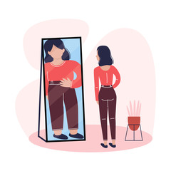 A slim young woman is looking in the mirror and seeing herself as overweight. Eating disorder, anorexia or bulimia concept. Vector illustration. - obrazy, fototapety, plakaty