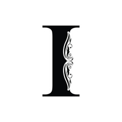 letter I. Vintage black flower ornament initial letters.  Alphabet. Logo vector 