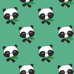 Obraz premium Panda and bamboo leaves background. Fabric with painted cute bear. Children's textile design. Vector illustration. Pattern seamless.