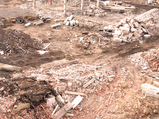 Ruin, Demolition of the old industrial building. The rubbish in a demolition site. A lot of scrap metal from an industrial building.