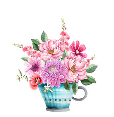 bouquet with pink flowers in a blue vase, watercolor closeup illustration