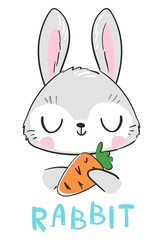 Hand Drawn Cute Bunny and carrots, print design rabbit, children print on t-shirt.