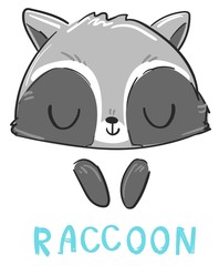 Hand Drawn Cute Raccoon. Cartoon character. Children print on t-shirt. Vector Illustration. Handwriting for the name of the animal is Raccoon.