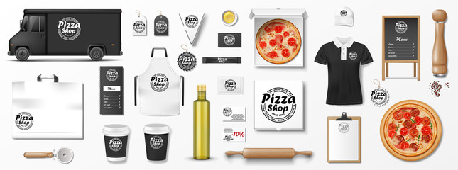 Mockup set for pizzeria, cafe or restaurant. Realistic branding set of pizzeria delivery truck, uniform, pizza box, menu, cardboard package. Pizza mockup elements for presention and advertising